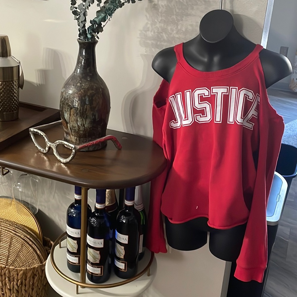 Red Off-Shoulder Distressed Sweatshirt